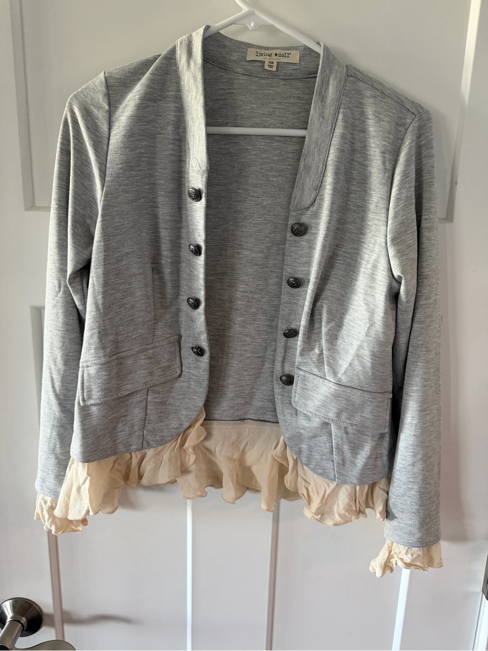 living doll Gray Cardigan with Cream Ruffle Hem